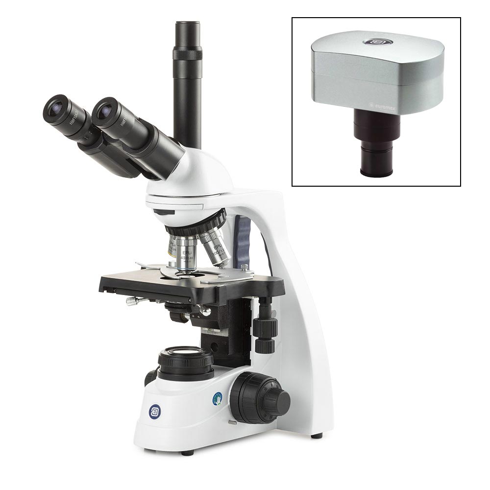 Globe Scientific bScope trinocular microscope, HWF 10x/20mm eyepieces and quintuple nosepiece with E-plan EPLI 4/10/S40/S100x oil infinity corrected IOS objectives, 131 x 152/197mm stage with integrated mechanical 75 x 36mm rackless X-Y stage. 3W NeoLED™ Köhler illumination and integrated power supply. Supplied without rechargeable batteries, with CMEX-18 Pro, 18.0MP digital USB-3 camera with 1/2.3 inch CMOS sensor Microscope;Trinocular;mechanical stage;HWF;EPLI